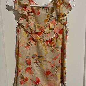 Anne Klein Size M -Floral Ruffle Sleeveless Top - Beige with Coral & Yellow